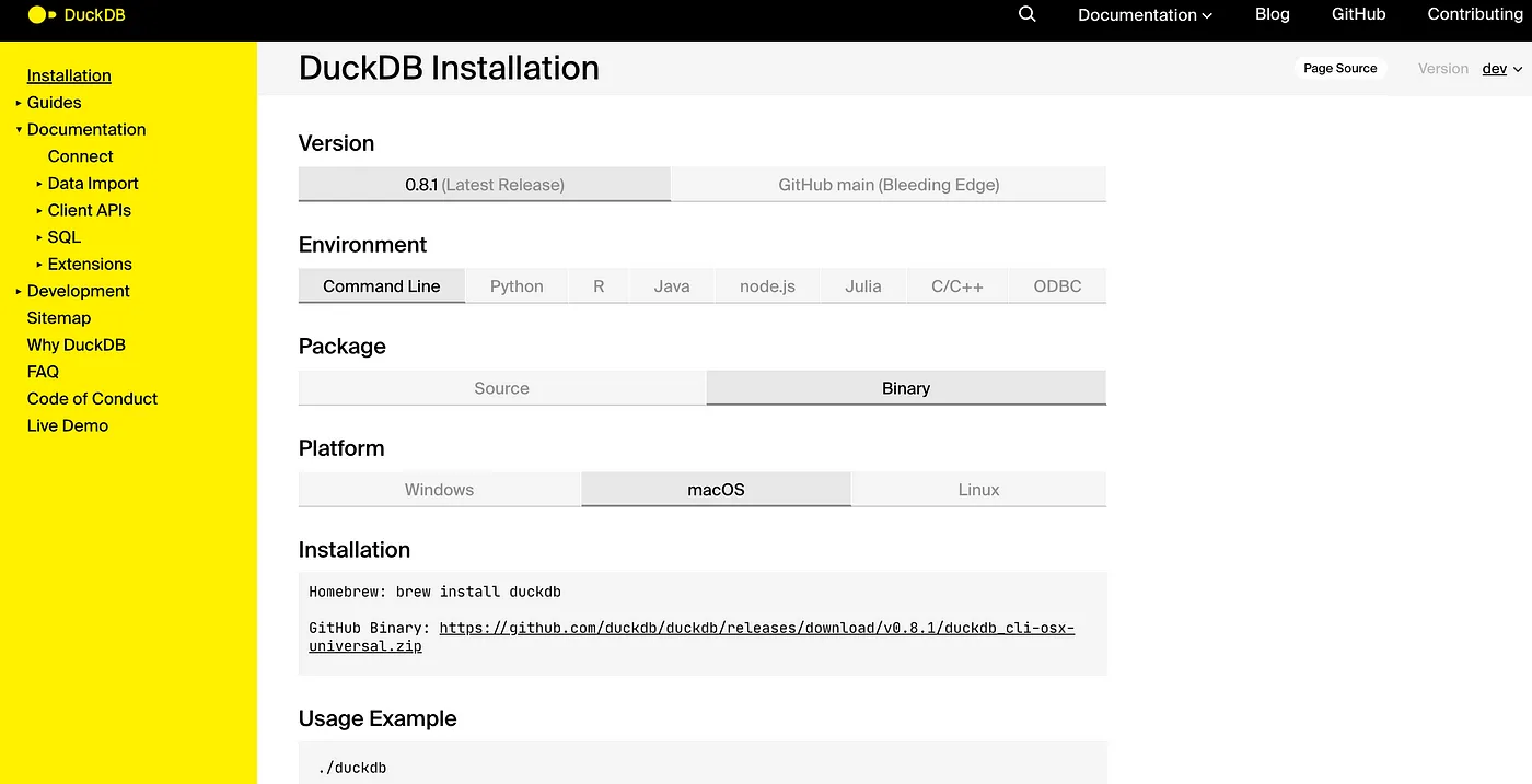 Screenshot of DuckDB installation instructions