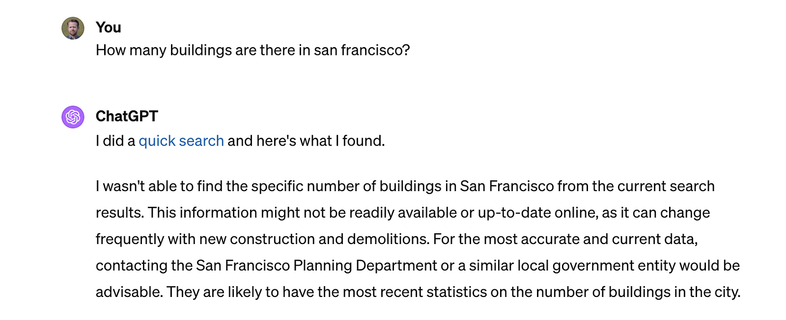Screenshot of ChatGPT responding to the question: How many buildings are there in San Francisco