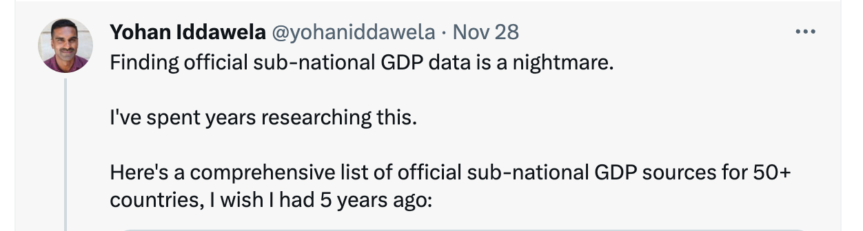 Screenshot of tweet from @yohaniddawela saying Finding official sub-national GDP data is a nightmare. I've spent years researching this. Here's a comprehensive list of official sub-national GDP sources for 50+ countries, I wish I had 5 years ago